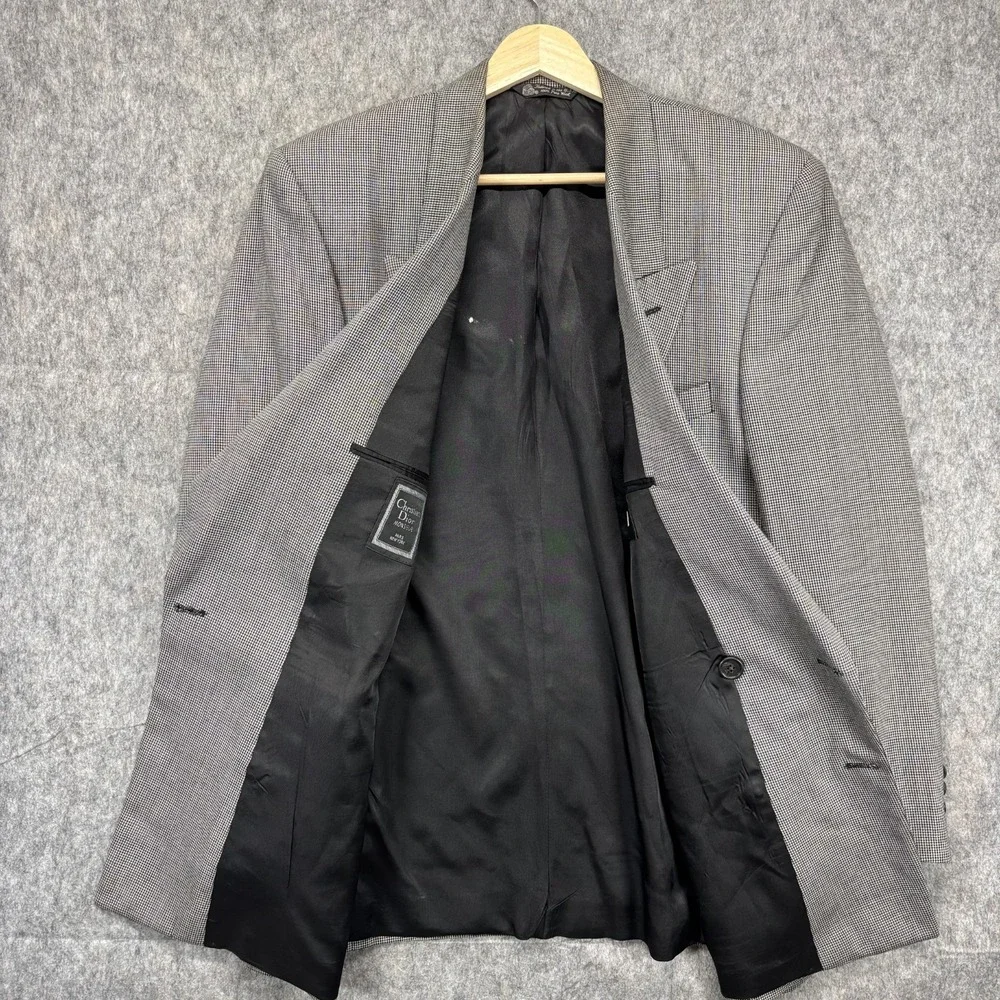 Vintage Christian Dior Double Breasted Blazer 40R Houndstooth Wool Shoulder Pads